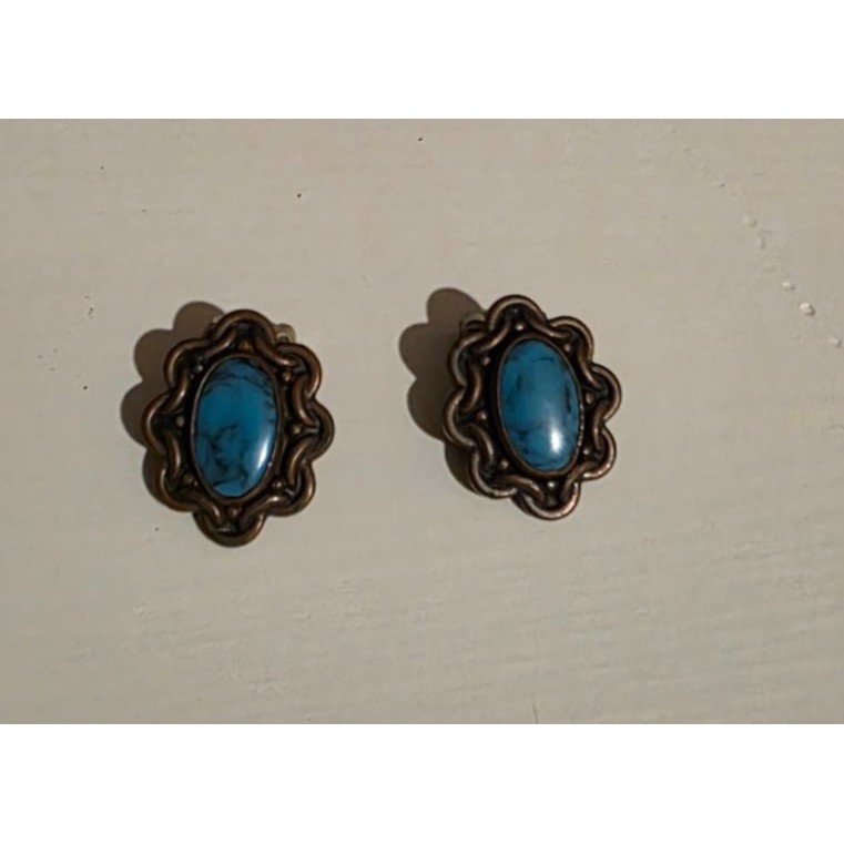 Vintage Bell Trading Post Signed Copper Faux Turquoise Clip On Earrings
